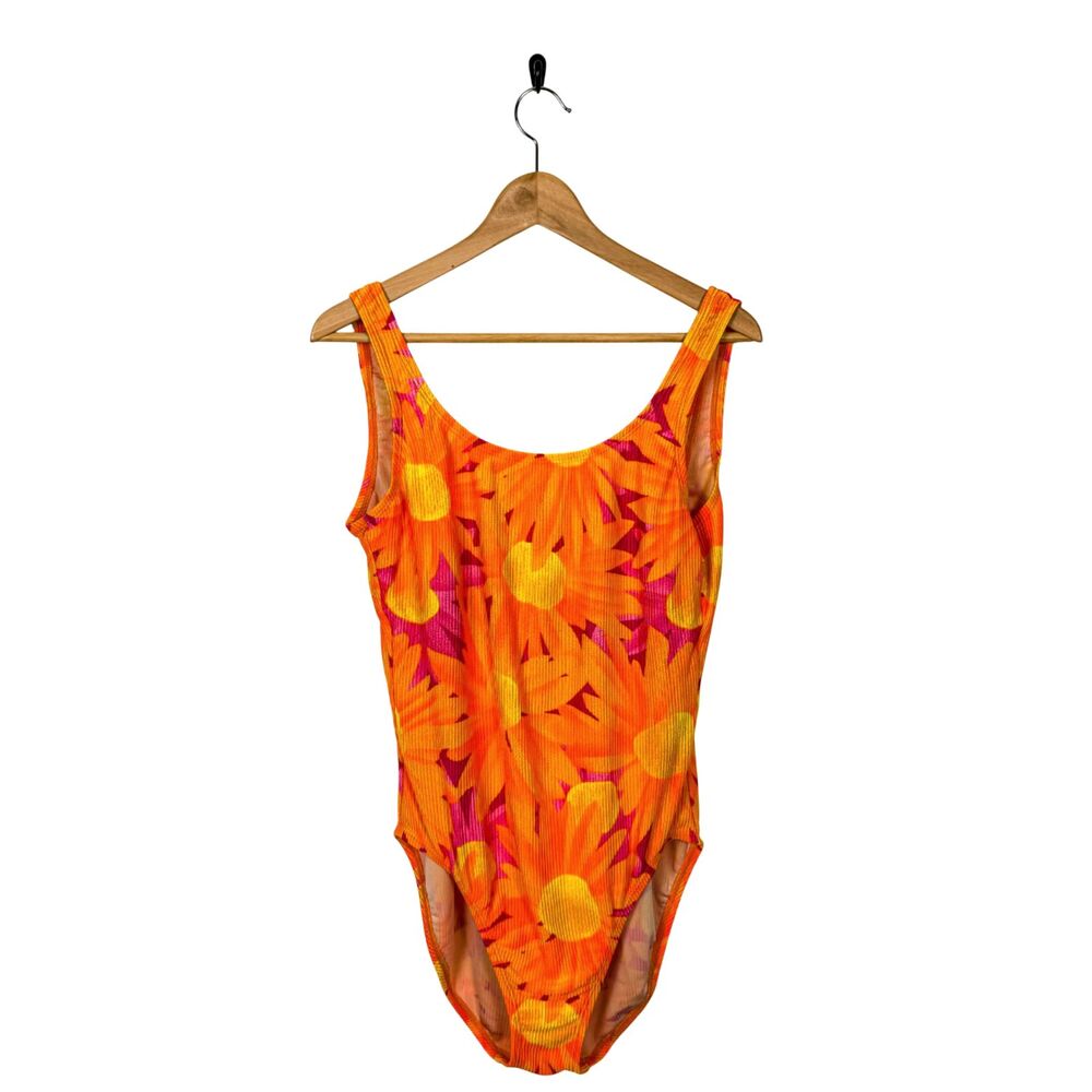 Vtg Catalina 90's Bright Orange Floral Daisy High-Cut Leg One-Piece Swimsuit
